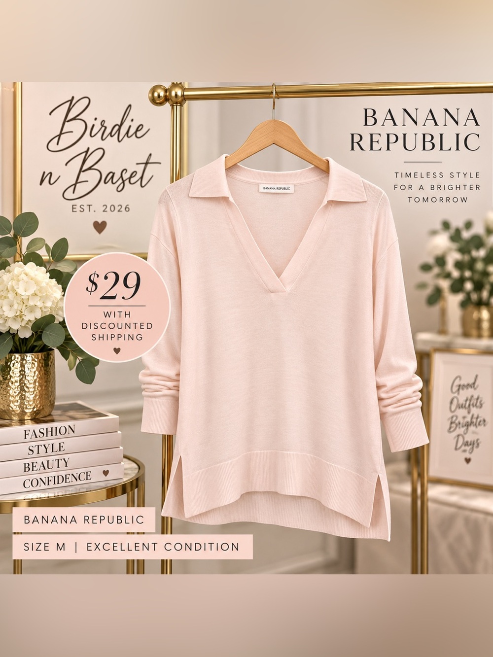 Banana Republic - Size M - Blush Pink V-Neck Women’s Sweater